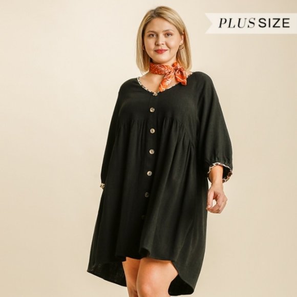 Umgee Dresses & Skirts - Umgee Plus Black Animal Print Trim Babydoll Dress